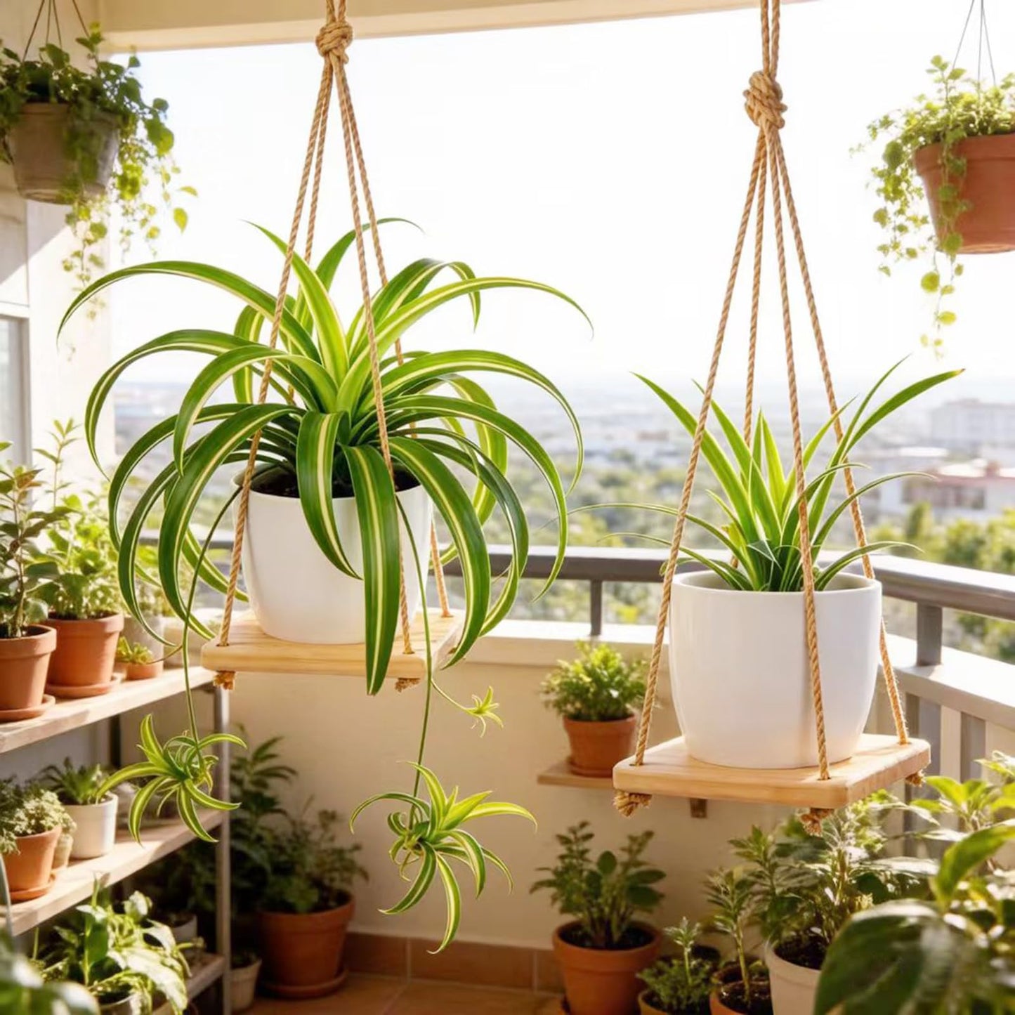2 Pack Adjustable Hanging Plant Hanger, Hanging Planter Shelves for Indoor Plants, Hanging Flower Pots Holder, Wood Wall Hanging Planter Hanger for Window Ceiling Porch Deck Patio(Pots not Includ)
