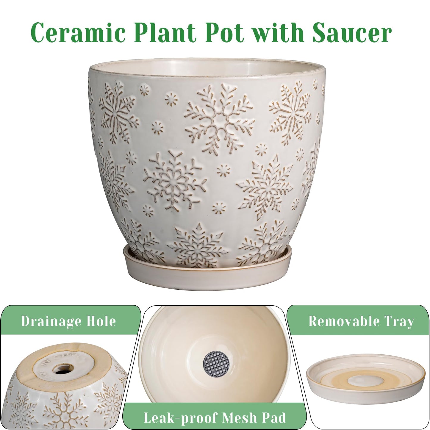 MPotTo 10 Inch Ceramic Planter Pot Large Plant Pot for Indoor Plants Outdoor Round Flower Pot with Drainage Hole and Saucer for Home Garden Decor White