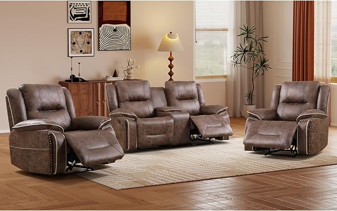 EBELLO Faux Leather Manual Recliner Sofa Set, 2 Seat Reclining Chair and a