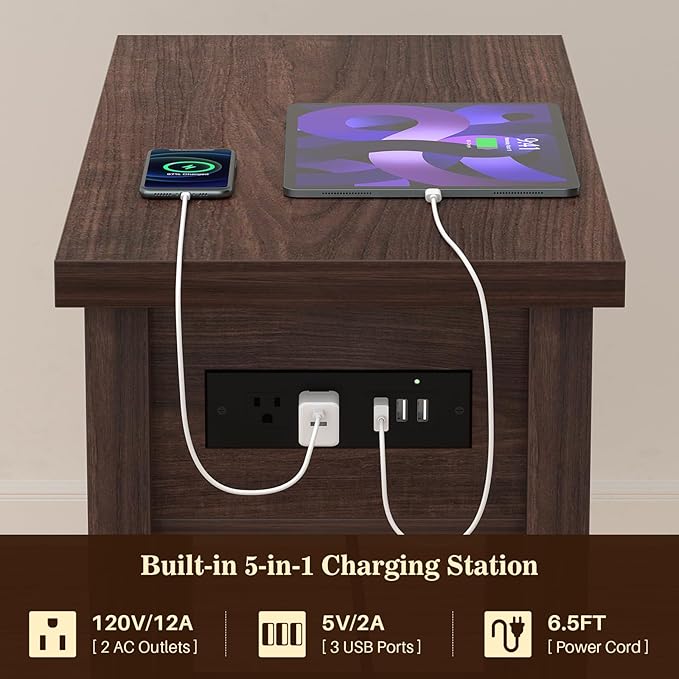 Narrow End Table Set of 2 with Charging Station