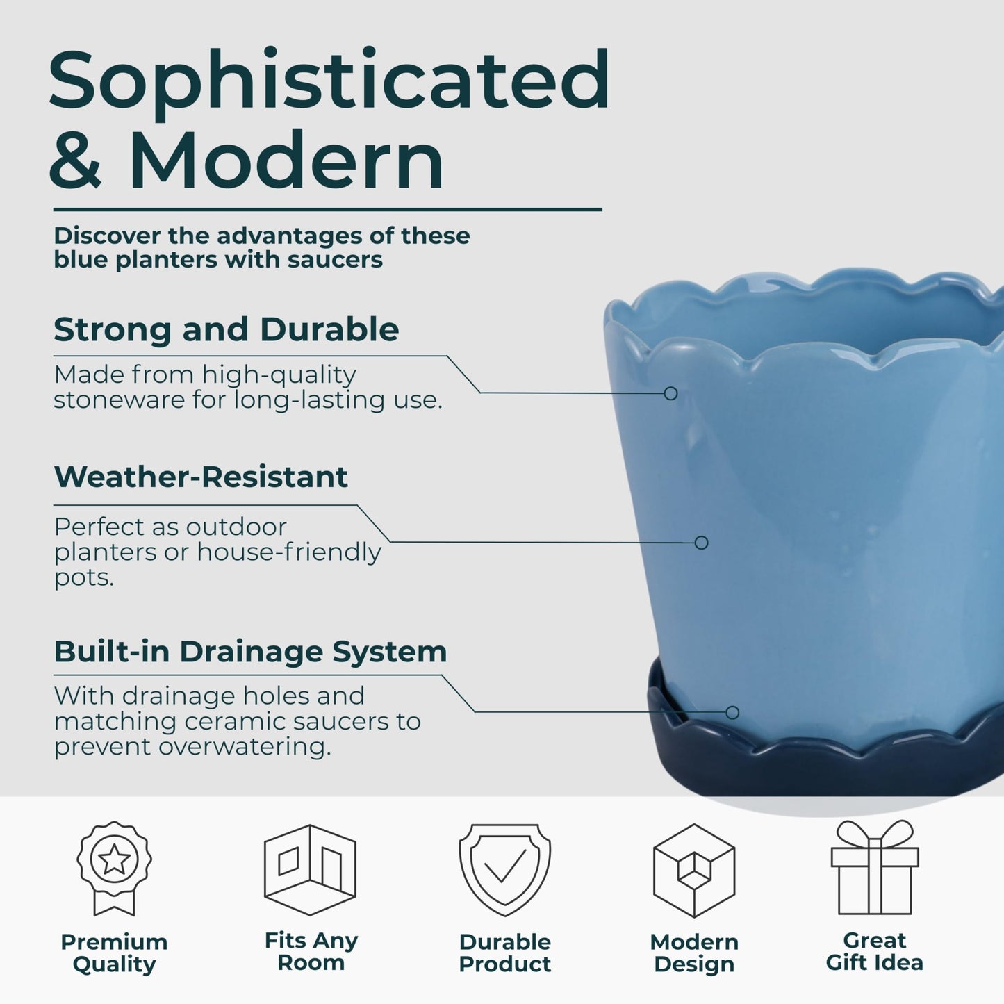 Modern Ceramic Flower Pots for Home Decor Accent - Scalloped Edge Planters and Pots for Plants with Glazed Design - Glossy Planters for Indoor and Outdoor Display - Set of 2, 8", 7", Blue