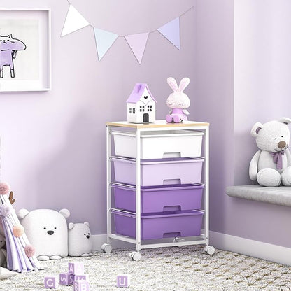 Utility Cart with 4 Drawers,Rolling Storage Cart with Drawers,Storage Rolling Drawer Cart with Wooden Tabletop for Bedroom,Kid's Room,Dorm,Classroom,Office, Purple
