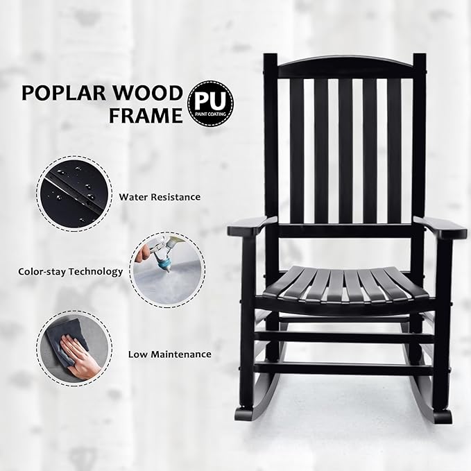 Hupmad Wooden Rocking Chair Outdoor Oversized Porch Rocker Chair, Patio Wooden