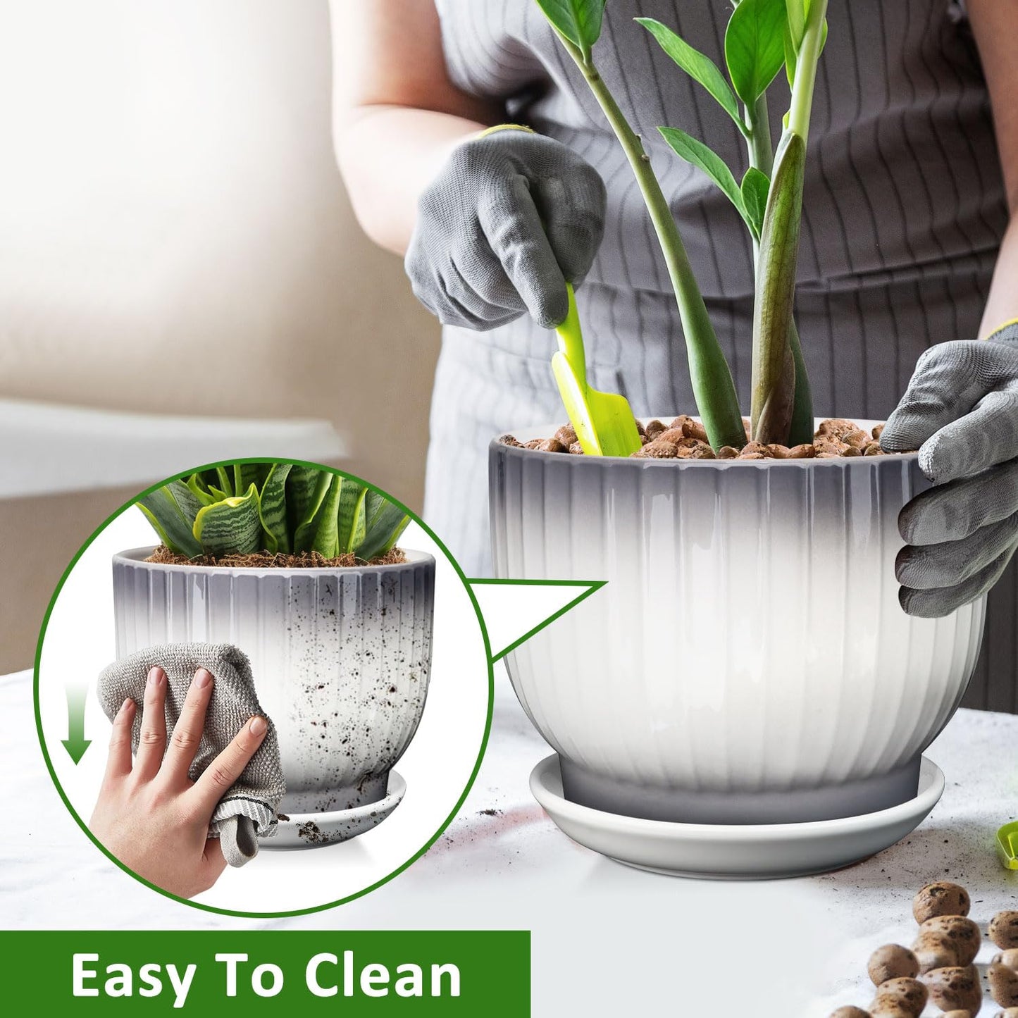 YUFDA 8 Inch Plant Pot, Ceramic Planter with Drainage and Saucer, Ceramic Pots for Plants, Indoor Plant pots,Ceramic Flower pots(Gray + White, Plants NOT Included)