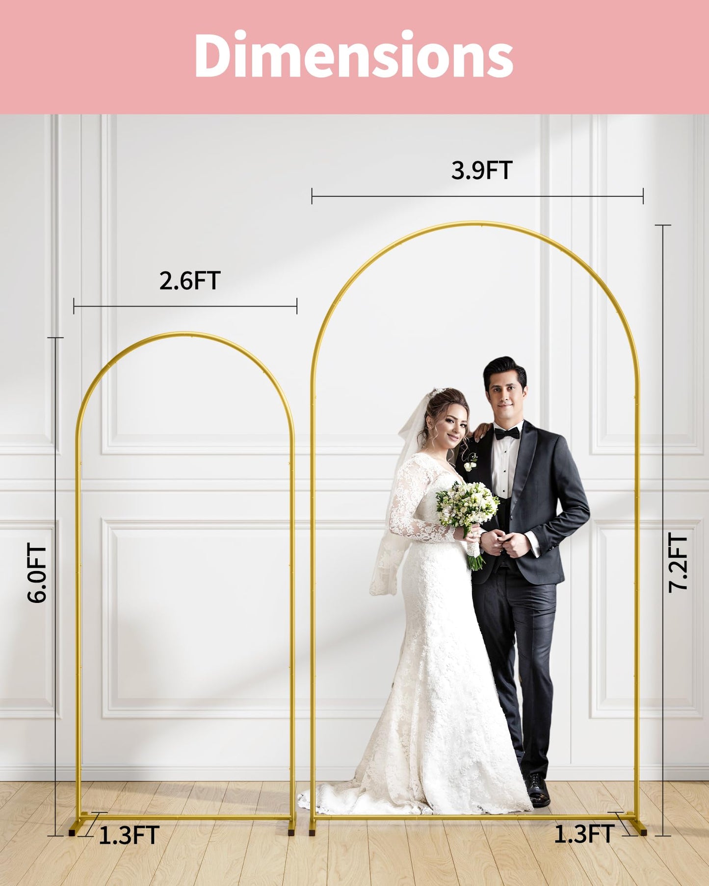 Pureegg Gold Metal Arch Backdrop Stand Set of 3 (7.2ft & 6.0ft & 6.0ft), Wedding Balloon Arch Stand with Stable Base, Backdrop Frame & Cover for Party, Birthday, Graduation, Photo Booth, Easy Assembly