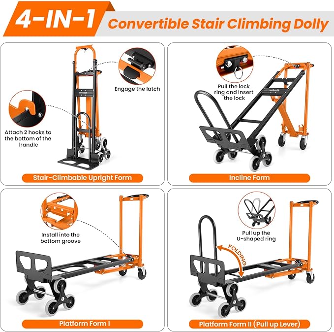 4-in-1 Hand Truck Dolly Heavy Duty Industrial Convertible, 1000 LBS Stair