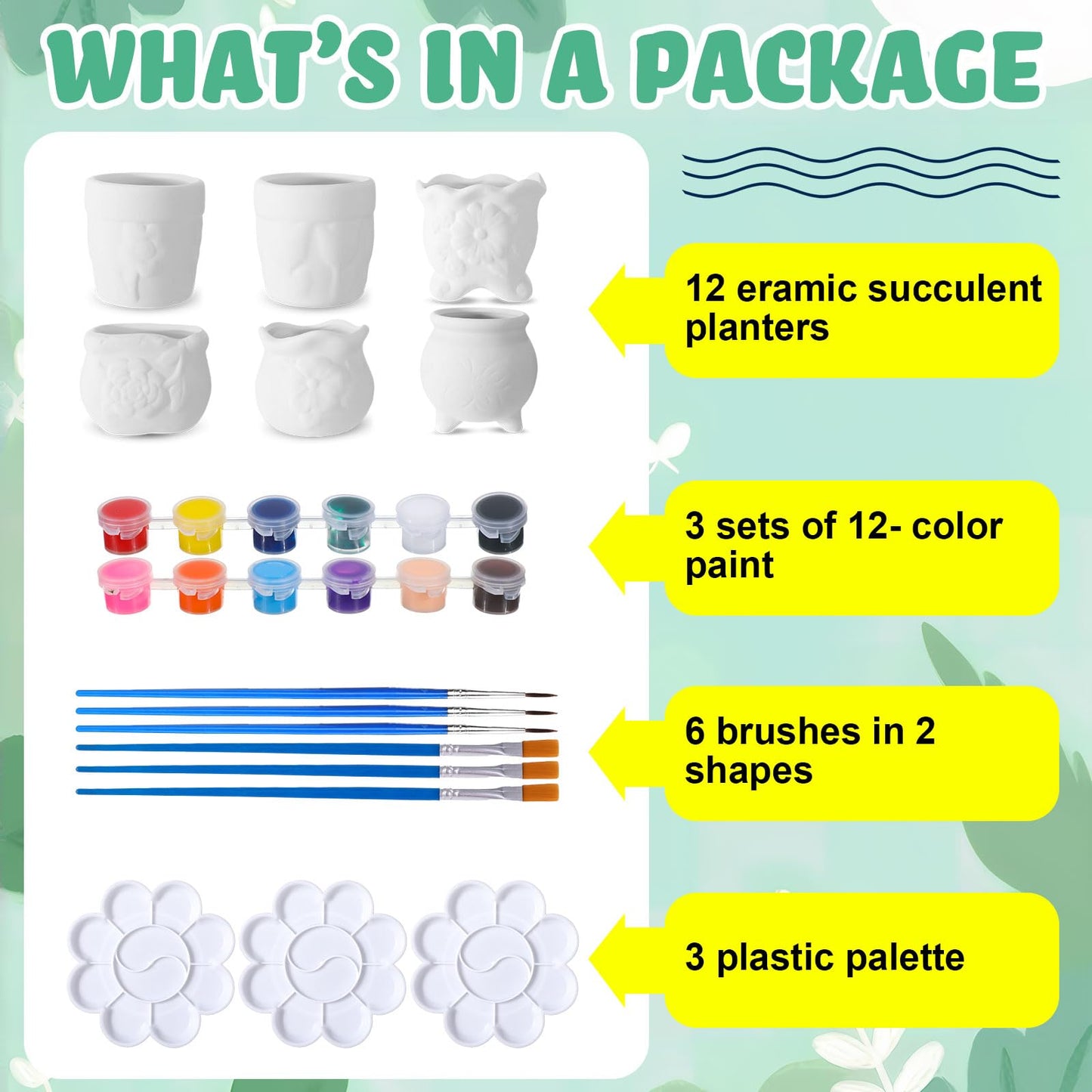 Hushee 12 Pcs Ceramic Succulent Planters White Ceramic Pots Paintable Succulent Plant Planters Containers Small DIY Figurines Unpainted Pots with Drainage Hole Paintbrushes Palettes(Flower)