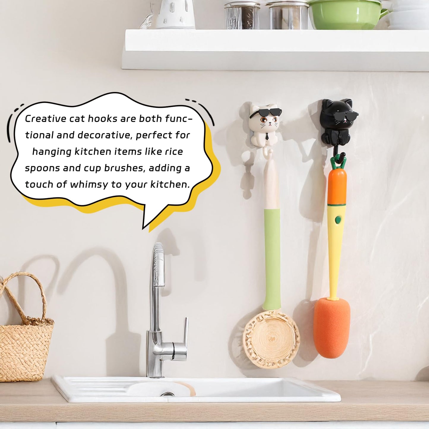 SHBLOMK Adhesive Coat Hooks Key Holder, Creative Adhesive Cute Cat Key Hook, Home Storage Utility Wall Decorations for Hanging Hat, Key, Towel, Scarf, Bags, Punch Free (Black+White)
