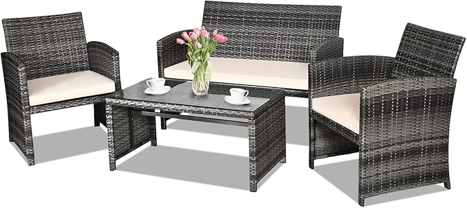Goplus 4-Piece Rattan Patio Furniture Set, Outdoor Wicker Conversation Sofa