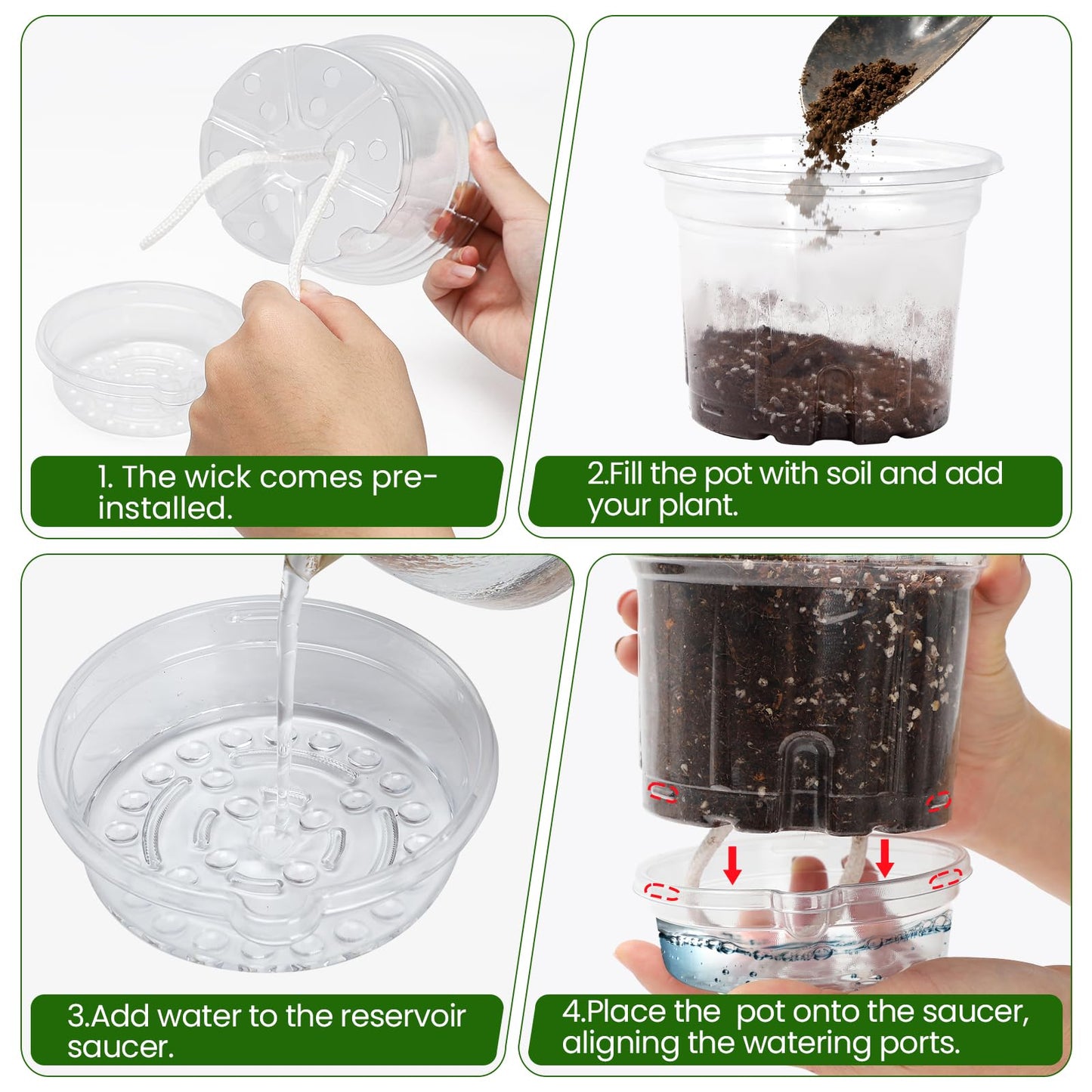 MIXC 12 Packs 6.5 Inch Self Watering Pots for Indoor Plants - Clear Nursery Plant Pots with Drainage, Deep Visible Reservoir - Flower Planter Outdoor with Wicking Rope