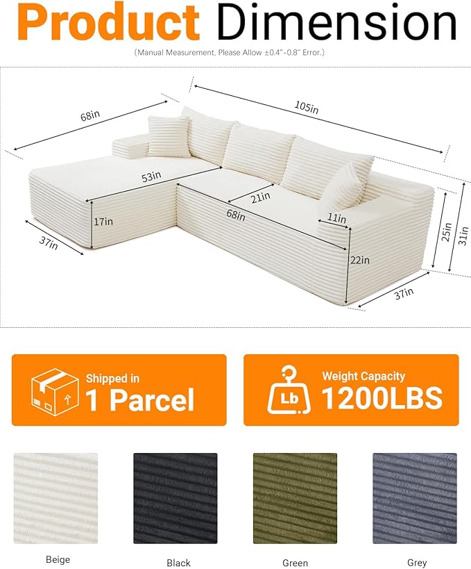 Cloud Sectional Couch, Corduroy Boneless Couches