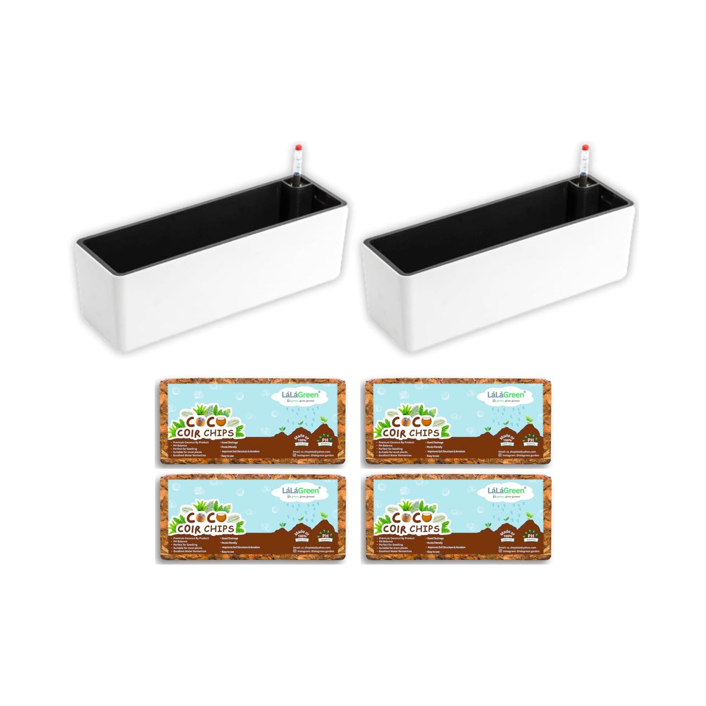 LaLaGreen Bundle - 2 Pack, 16 Inch White Self Watering Planter Box for Indoor Plant + 4 Pack, 500g Coconut Coir Chips for Plants Herb Garden Seedling Outdoor Planting Soil Vegetable Flower Orchids