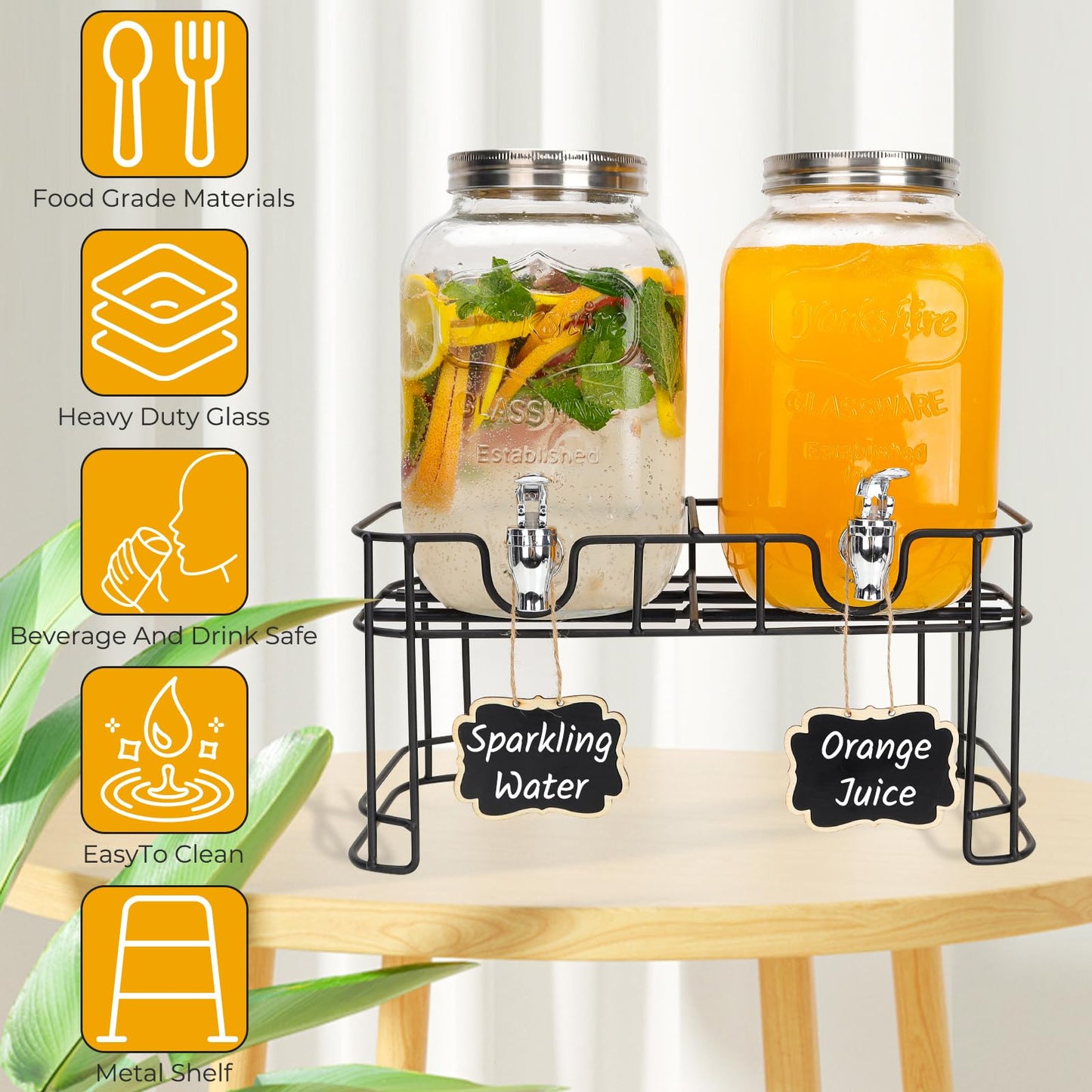 2 PACK 1 Gallon Glass Drink Dispensers, Beverage Dispenser With Stand