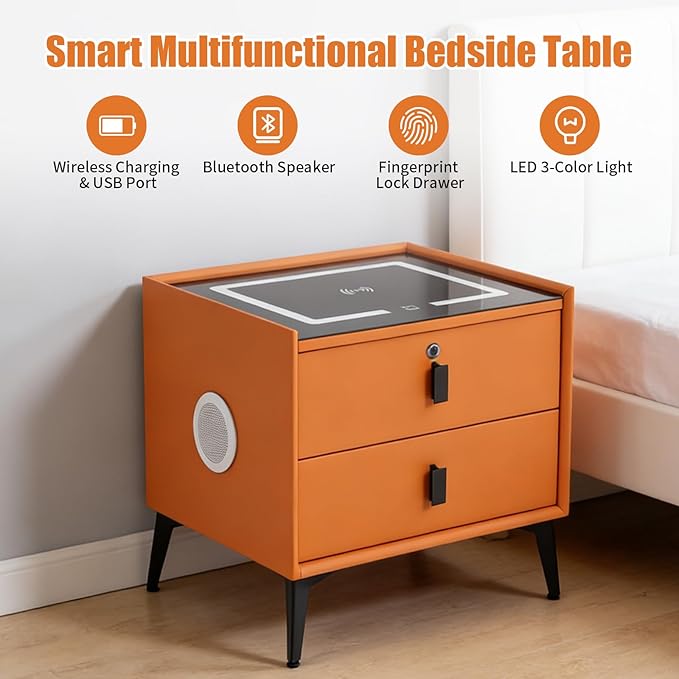 Smart Nightstand with Charging Station, Adjustable LED, USB Ports, Fingerprint