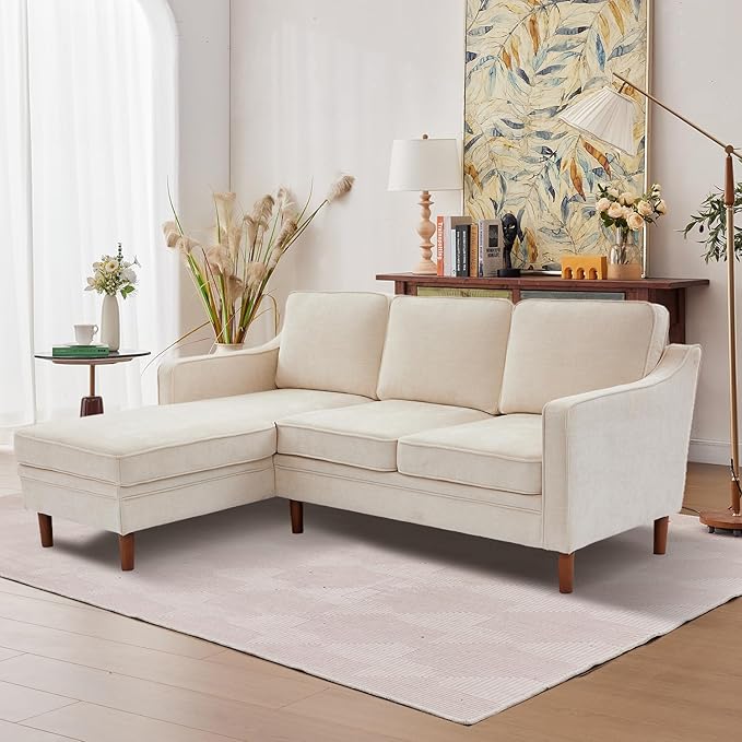 Kingfun 88" L-Shape Sofa, Chenille Sectional Couch, Mid Century Modern Couches