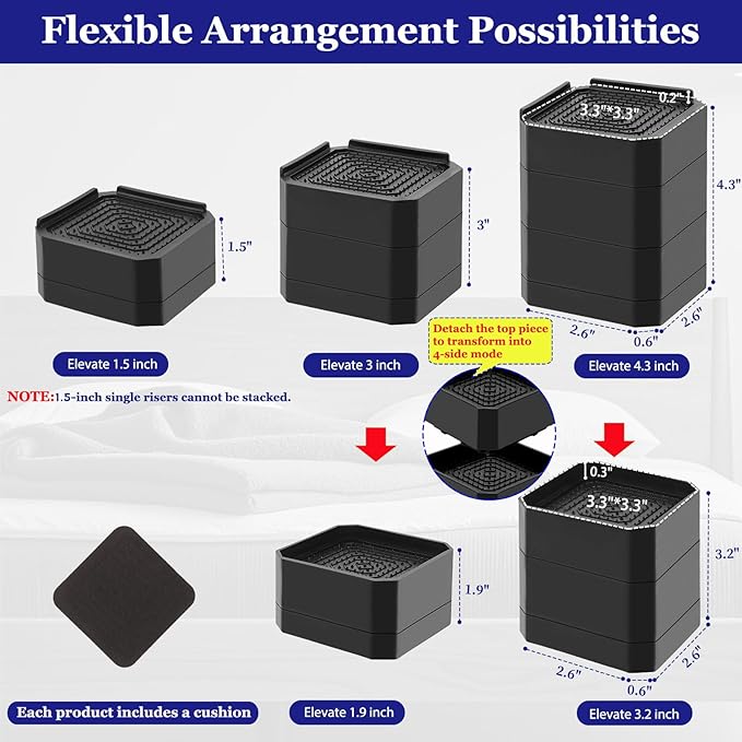 Bed Risers Heavy Duty, Adjustable Furniture Riser Blocks Lift 1.5, 4.3 inches