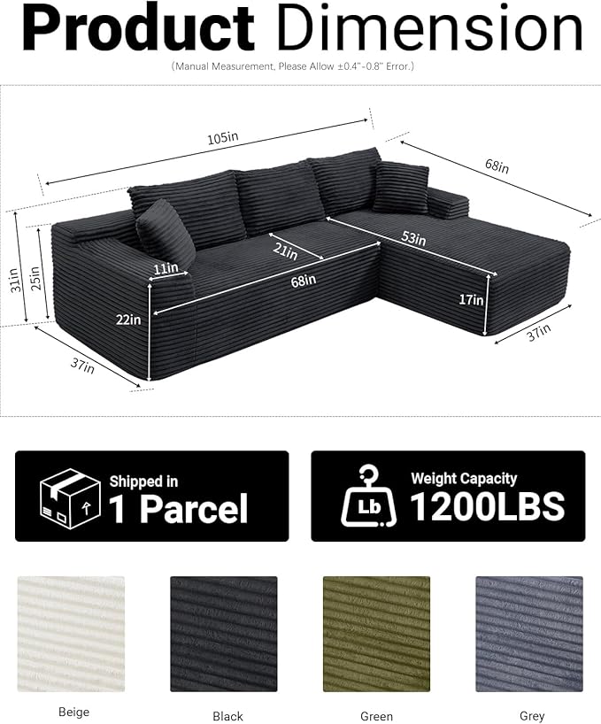 108" Cloud Sectional Couch, Modern Modular Sectional Sofa