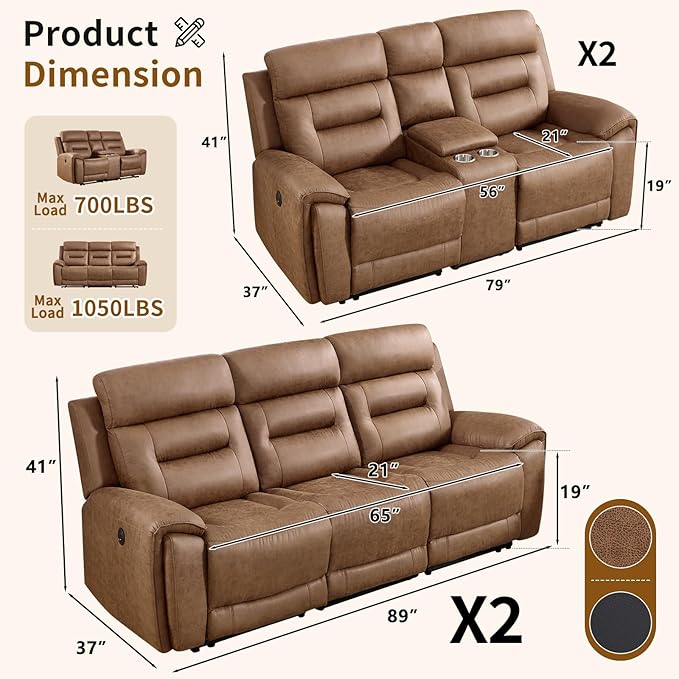 ANJ 3-Piece Faux Leather Power Recliner Sofa Set