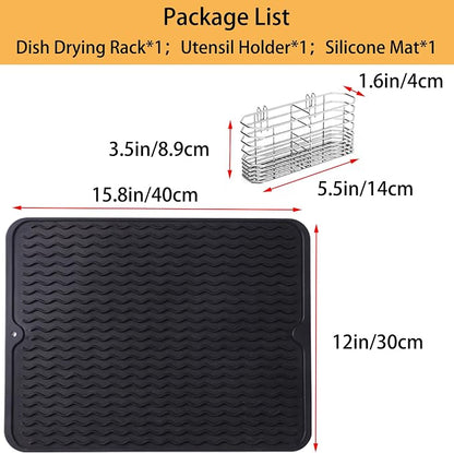NiuYichee Stainless Steel Dish Drying Rack(14.2"L x 9.5"W x 4.1"H), Expandable Fruit & Vegetable Drain Rack over Sink, Dish Drainer Rack in Sink, with Stainless Steel Utensil Holder & 16" Silicone Mat