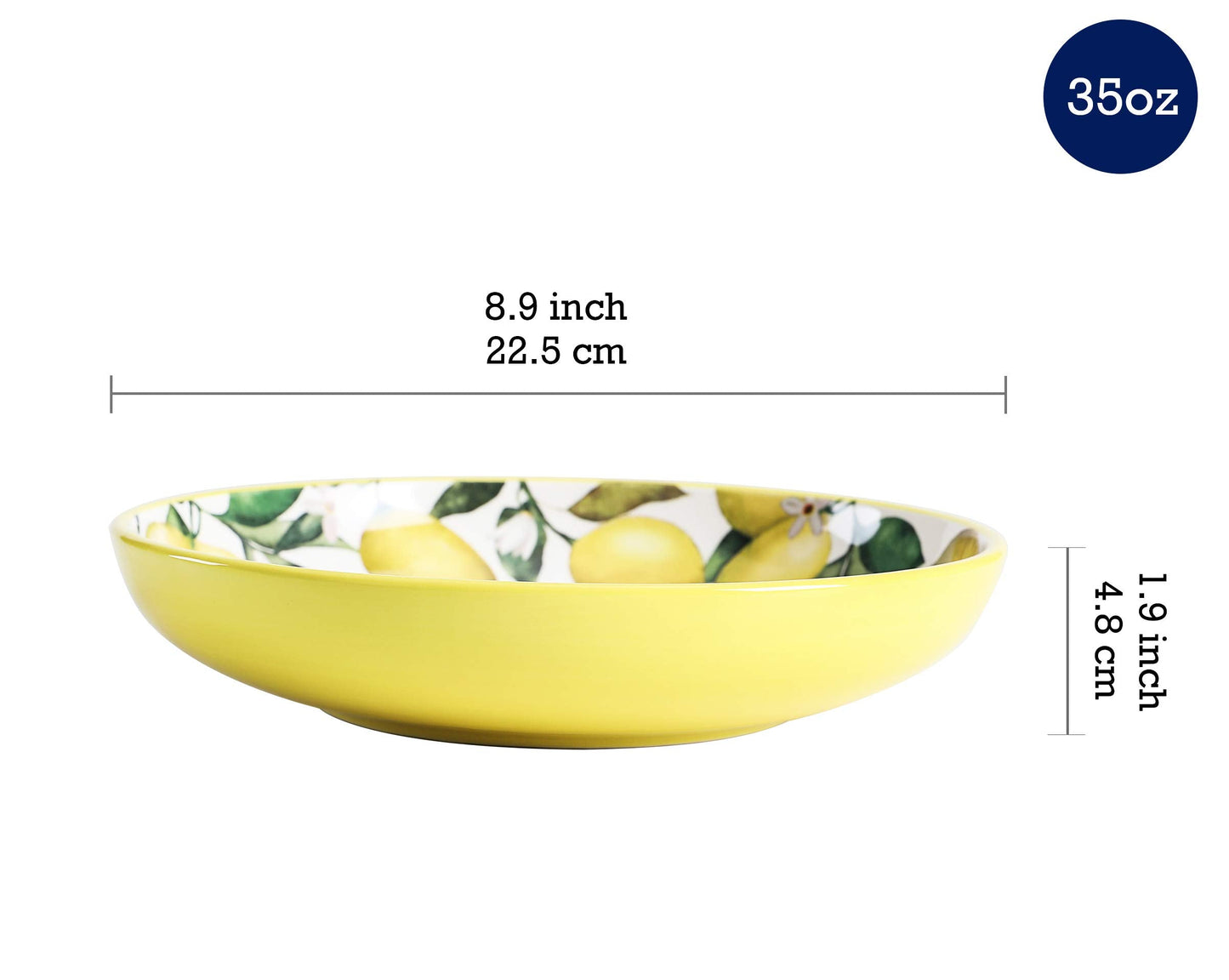 Bico Lemon Dreams Pasta Bowls, 35oz Salad Bowl Set of 4, Large Ceramic Serving Dinner Bowls for Soup and Cereal, Microwave and Dishwasher Safe, Gift for Housewarming and Thanksgiving