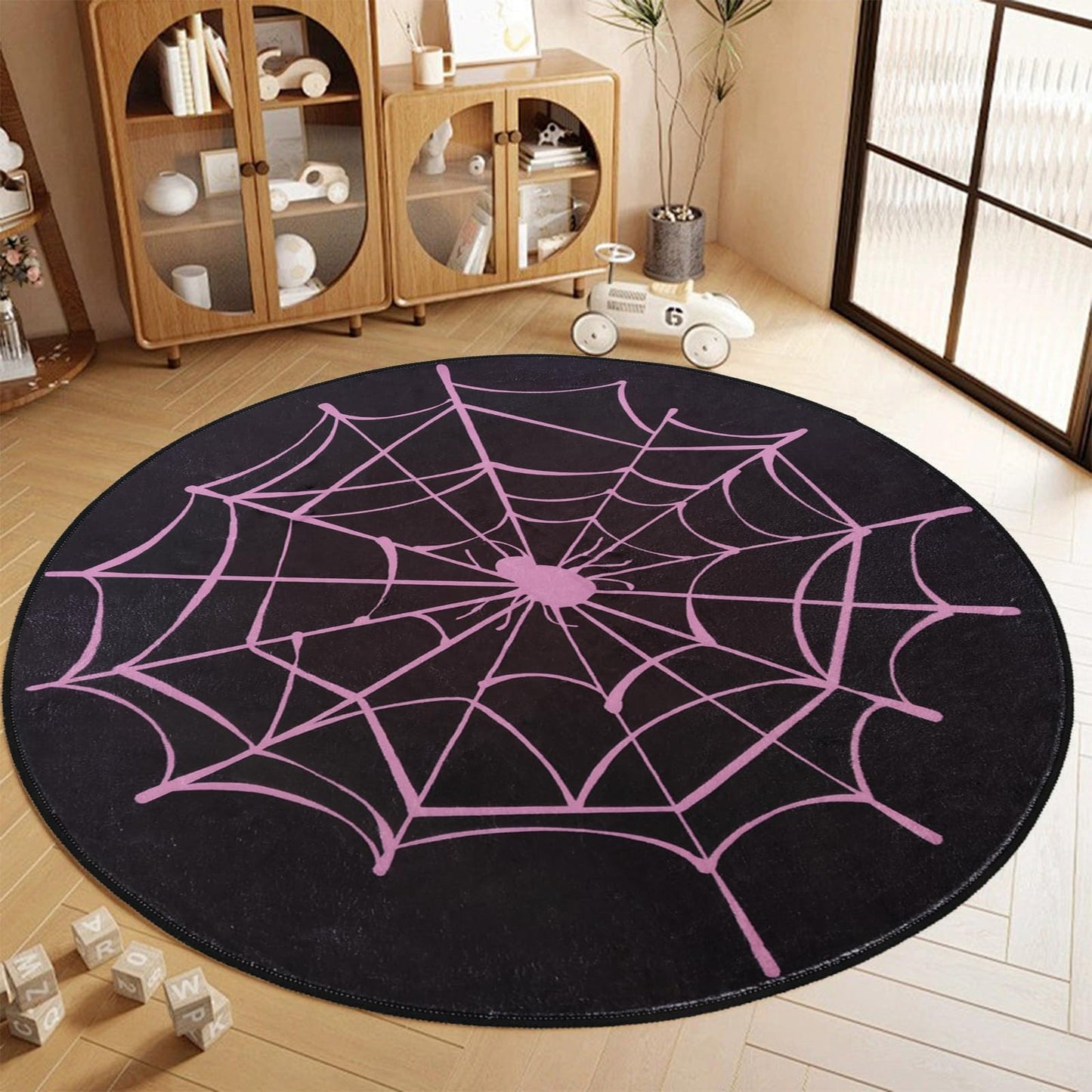 ABREEZE Spiderweb Decor Rug, Halloween Spider Web Carpet with Non-Slip Backed, Soft Washable Decor Rug for Living Room Bedroom Pink 47”