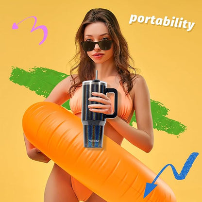 30 oz Shiny Tumbler with Handle and Straw,Stainless Steel Tumbler with Lid and Straw,Insulated Travel Mug(Cold for 34 Hours),Water Bottle for Iced Tea,Coffee (Black)
