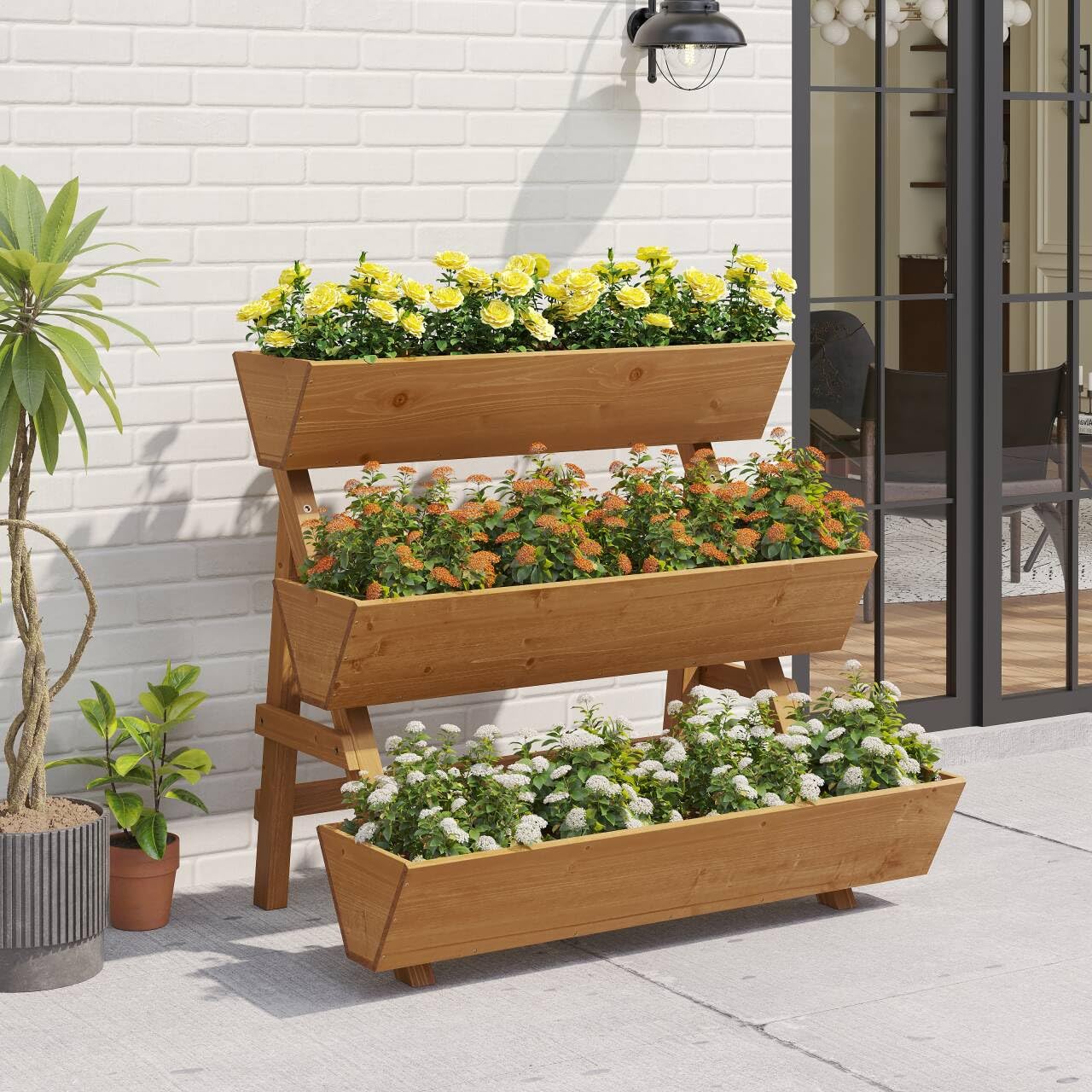 Dawnyard 3-Tiers Wooden Raised Garden Bed Tiered Planter Box Flower Pots Vertical Garden Planter Wood Plant Stand for Vegetables Flowers Herbs for Patio, Balcony, Freestanding (Brown L)