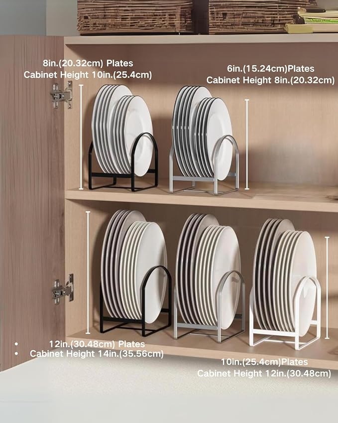 LINFIDITE 2 Pack Kitchen Plate Holder Organizer for Cabinet Space Saver Dinner Plate Storage Rack Upright Dish Drying Racks Metal Dish Stand for Cupboard Countertop Rustproof Black (1 Large 1 Small)
