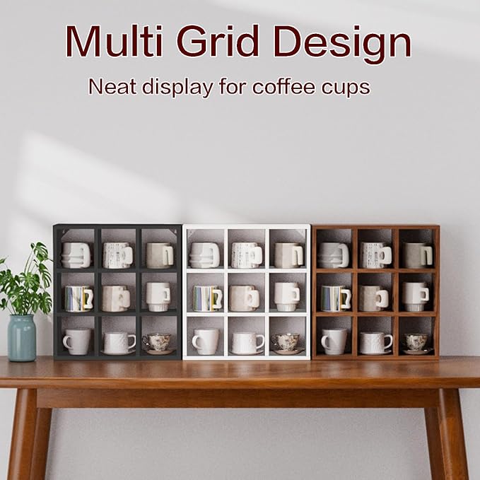 Helsin 9 Grid Vintage Coffee Mug Display Rack, 16inch Wall Mounted Wooden Curio