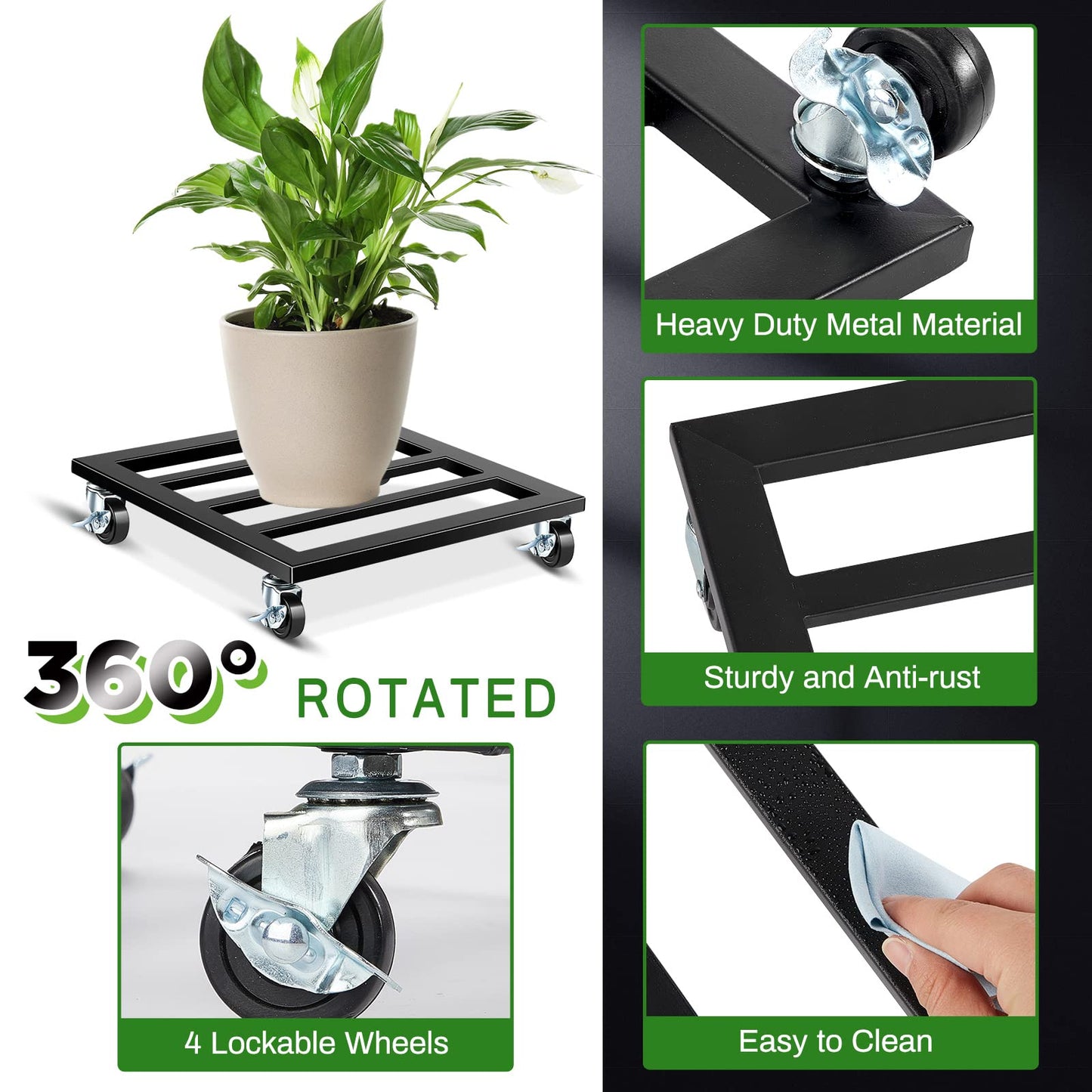 Taiyin 20 Inch Metal Plant Stand with Lockable Wheels Heavy Duty Rolling Stand 350lb Square Roller Base Potted Plant Dolly for Outdoor Indoor Patio Planter Large Succulent Flower Pot Cart