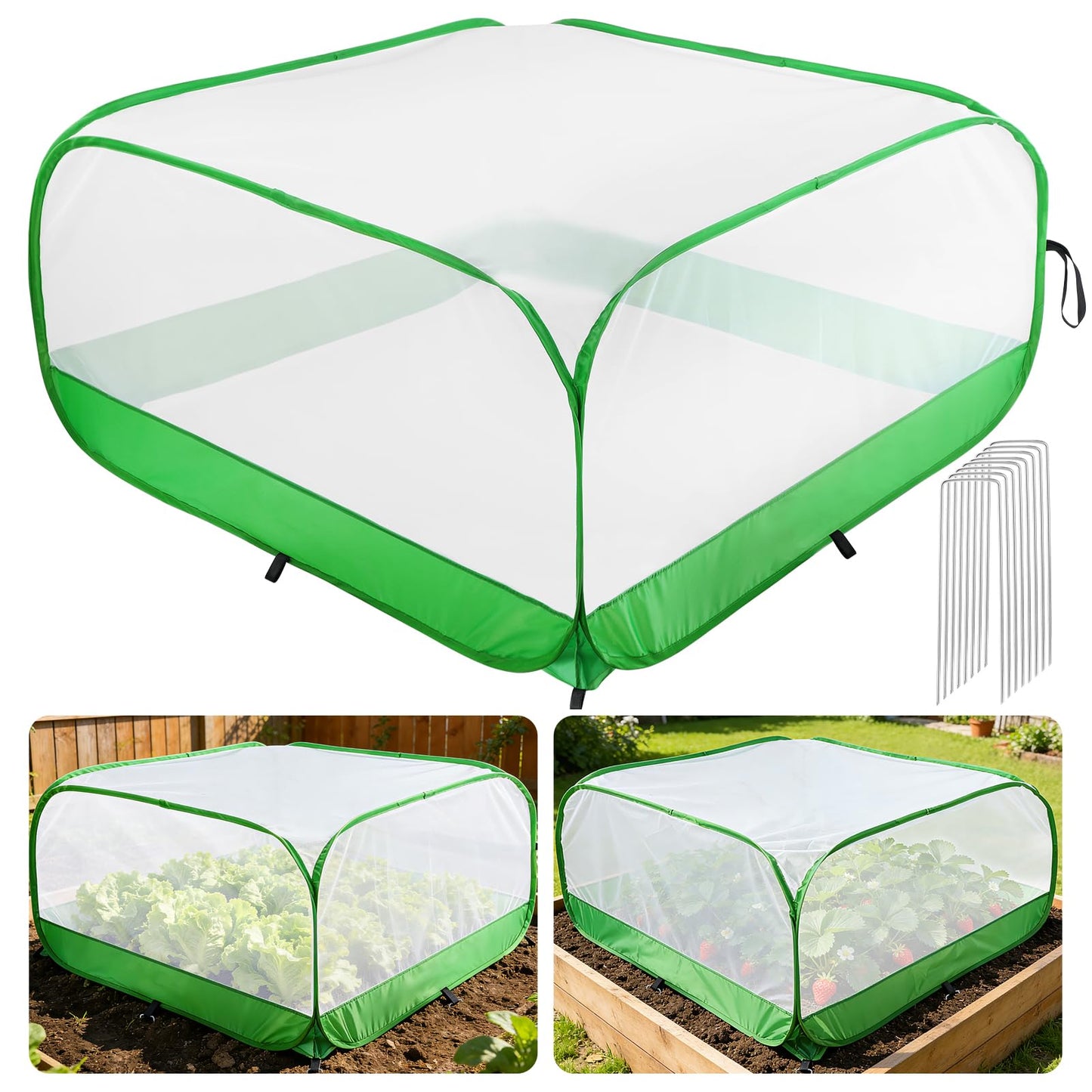 Pop Up Garden Netting for Square Raised Beds - 4'L x 4'W x 2'H Ultra Fine Mesh Net Plant Cover with 8 Stakes, Protection for Vegetables Fruit from Birds Pests