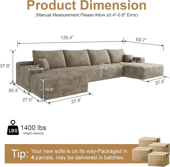 136" Sectional Couches for Living Room Cloud Couch Sofa