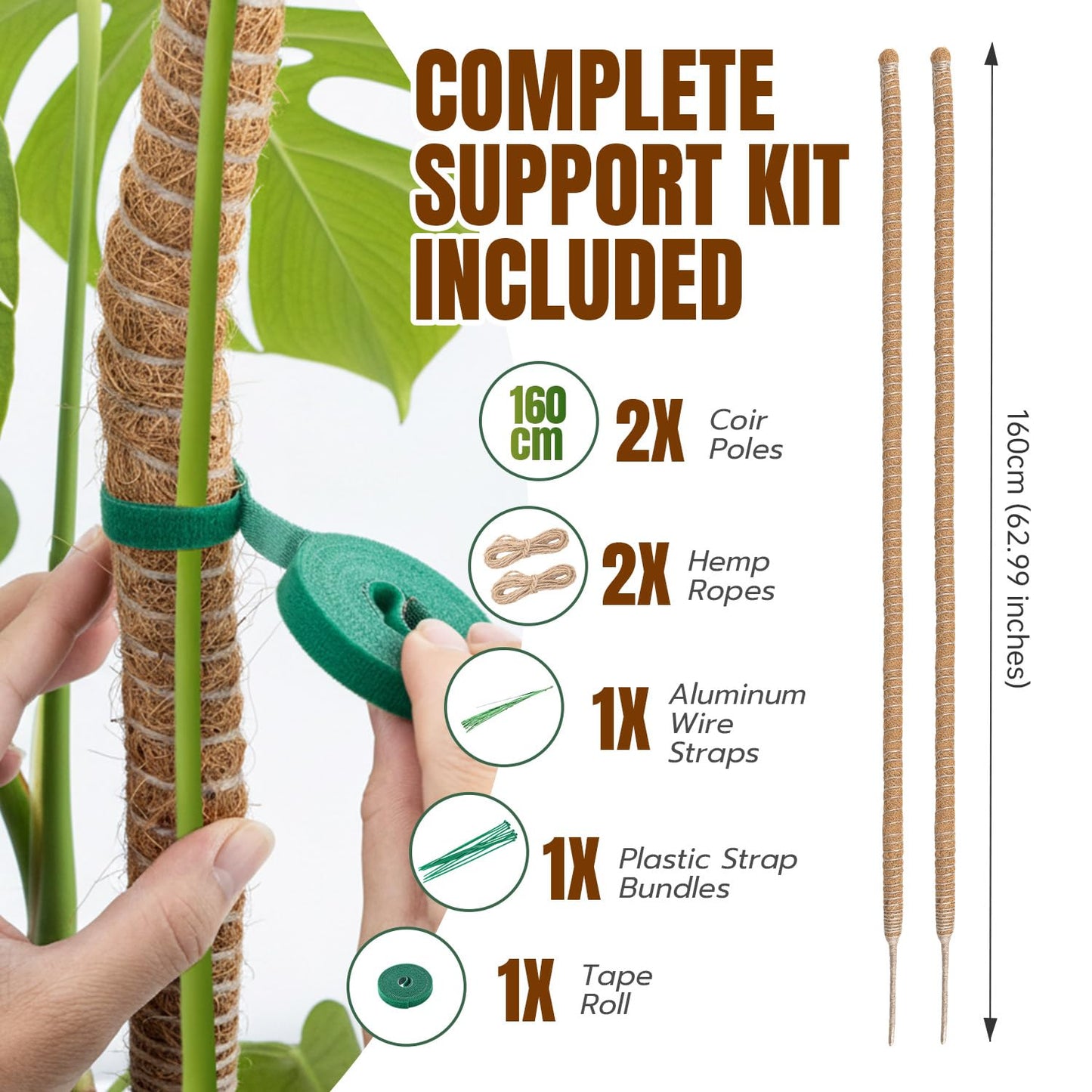 Mcbazel 2 Pack 63 Inch Bendable Moss Pole for Plants Monstera - Extra Tall 5.2ft Coco Coir Plant Support Stakes for Large Indoor Climbing Vines - Flexible Totem Stick Kit with Rope, Wire & Ties