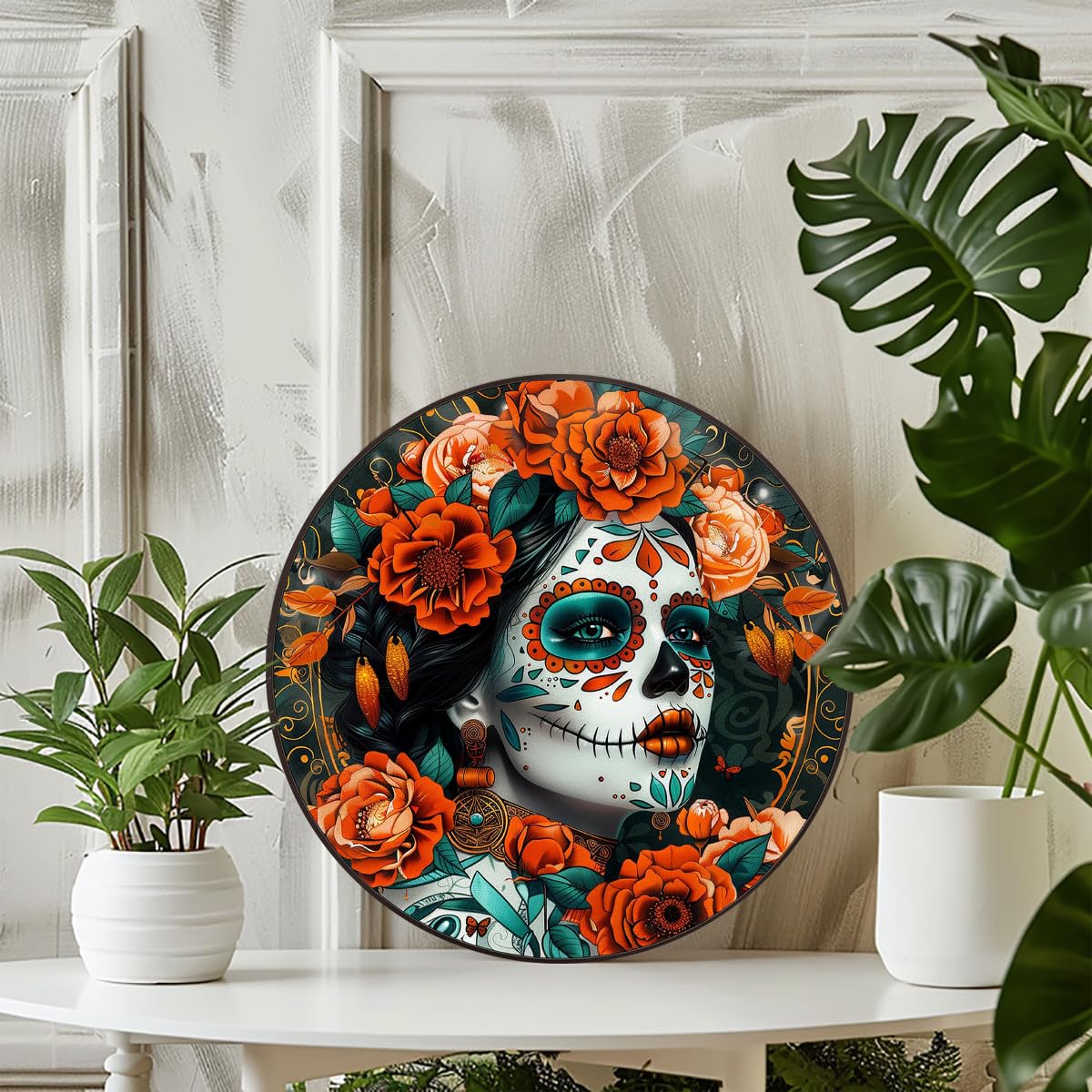Classic Calavera Sugar Skull Round Aluminum Sign Halloween Autumn Wall Hanging Wall Art Decorative Signs & Plaques 8x8 Inch. Perfect for Bedroom, Living Room, Office, and Entryway Decor. Dreamy Artistic Style.