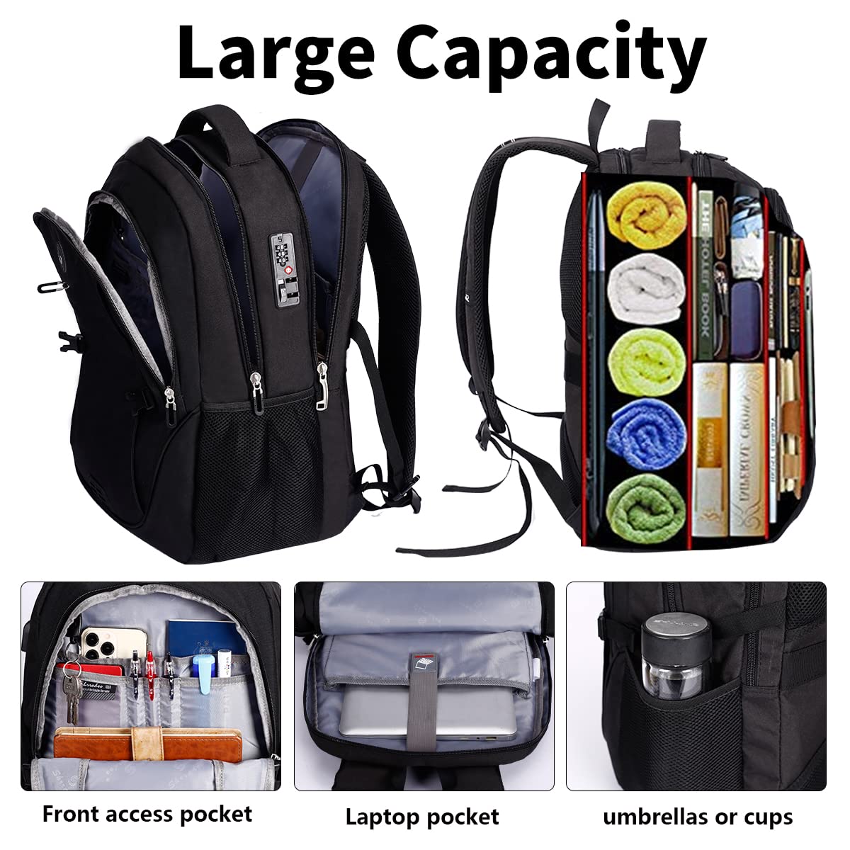 SHRRADOO Anti Theft Laptop Backpack Travel Backpacks with Combination Lock for Women Men College Backpack Computer Bag Fits 17 Inch Laptop,Black