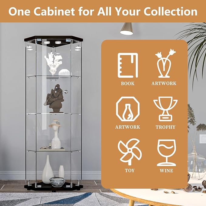 LFT HUIMEI2Y Glass Display Corner Cabinet 4-Shelf, Curio Cabinets Fast
