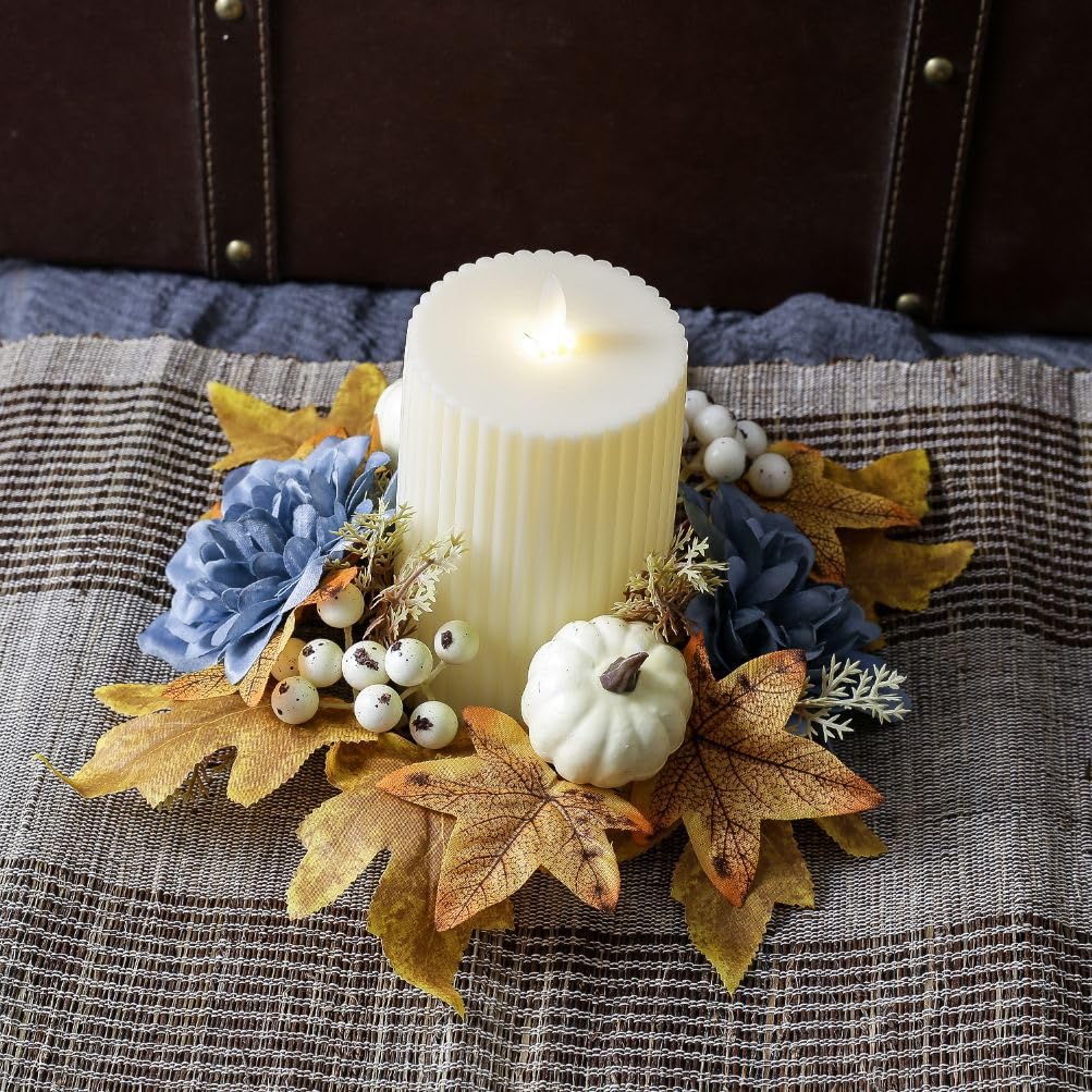 Thanksgiving Fall Candle Ring Holder Artificial Pumpkin Berries Maple Leaves Dahlia Flowers Candle Ring Wreath for Autumn Wedding Harvest Table Centerpiece Decor Supplies (Blue)