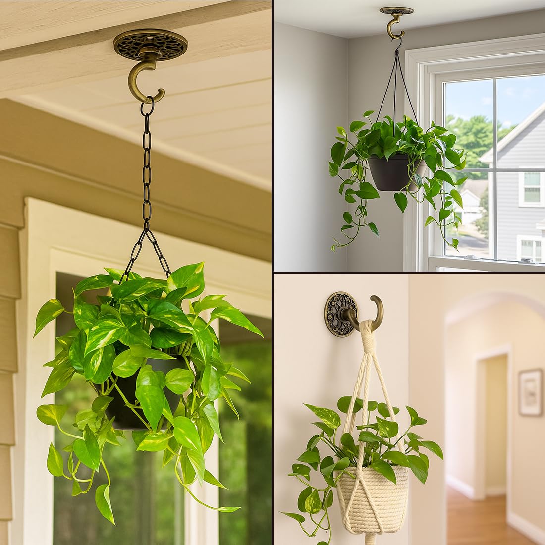 Evsteluo Heavy Duty Ceiling & Wall Hook for Hanging Plants – Holds Up to 50 lbs – – Includes All Mounting Hardware for Drywall, Wood, Cement (2, Antique Brass)