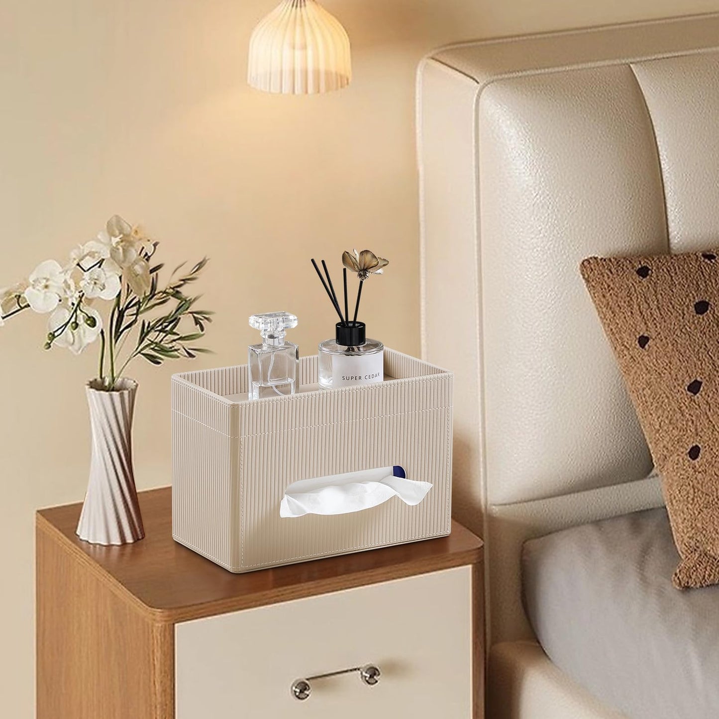 Cretkhp Tissue Box Cover Rectangle with Storage Tray, PU Leather Tissue Holder for Bathroom Vanity Countertop Night Stands Bedroom Office Desk, Stylish Rectangular Tissue Box Holder (Beige)