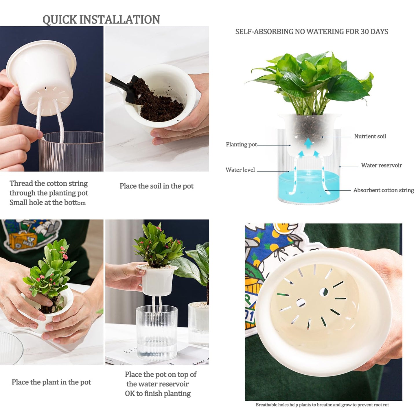 Gidary 7 Inch Self Watering Pots,Clear Self-Watering Planters Box for Indoor Plants Flowers Outdoor Windowsill Gardens Comes with 1 Bag of White Pebbles