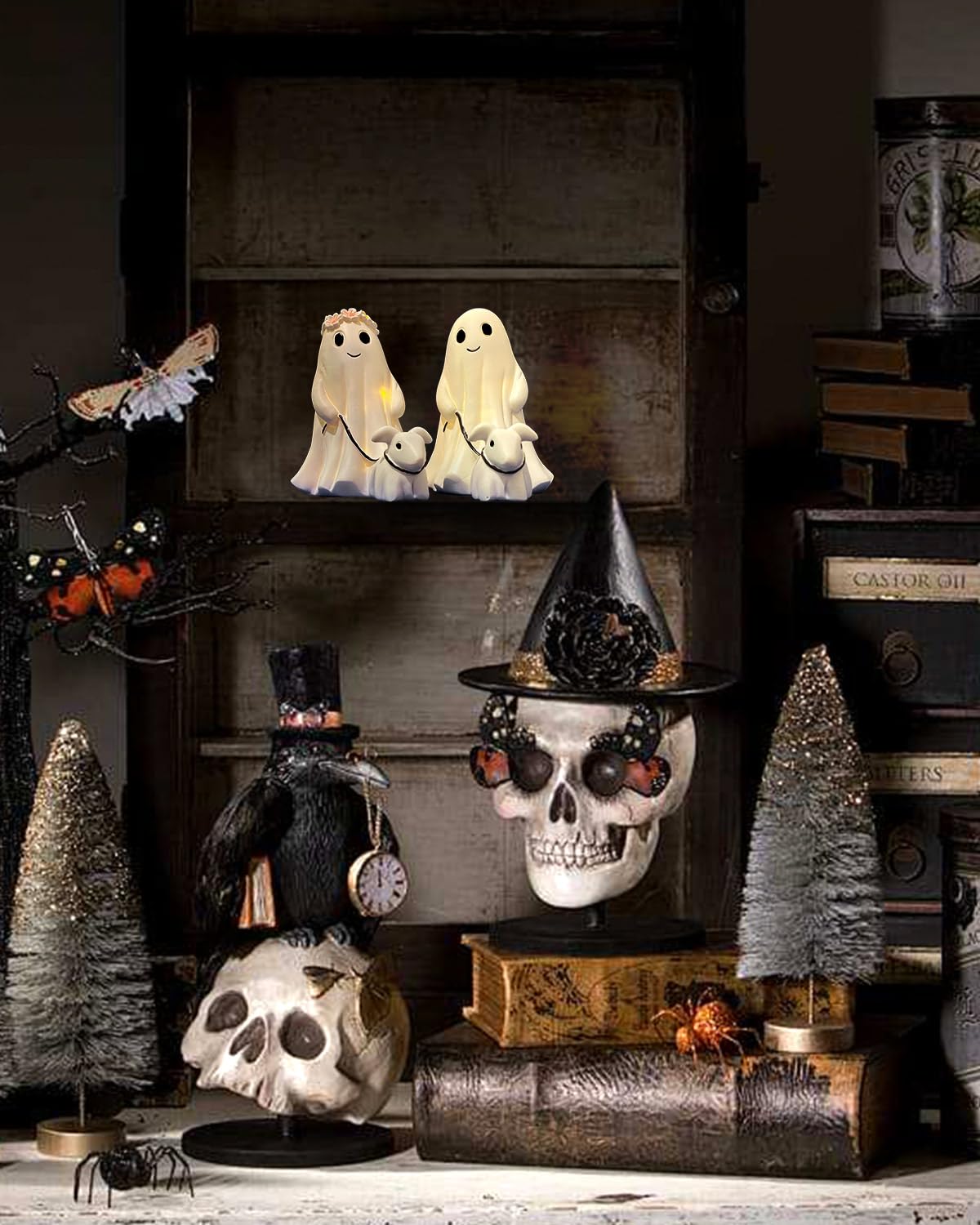RWSEFK Display Statue Nightlight Ghost Walking Dog, Warm Lighted Indoor Figurine Lamps, Halloween Decors Spooky Dog Light, Cute Decorations for Party, Home, Bedroom, Shelf, Table Centerpiece (Girl)
