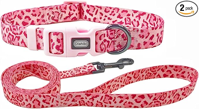 Dog Collar Leash Set, Leopard Pattern, Polyester Material, Adjustable Collar and 5ft Matching Leash, for Medium Dogs.(M, Pink Leopard)