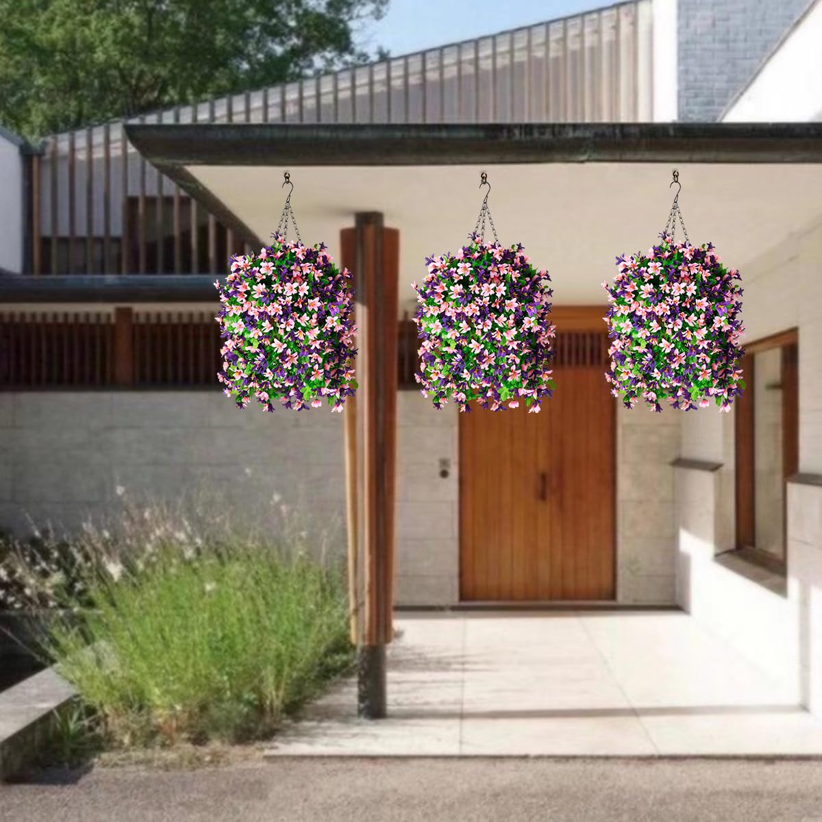 INQCMY Artificial Hanging Flowers in Basket for Outdoor Spring Summer Decoration,4pcs Faux Silk Violet in Planter UV Resistant for Outside Home Patio Garden Porch Deck Decor(Pink Purple)