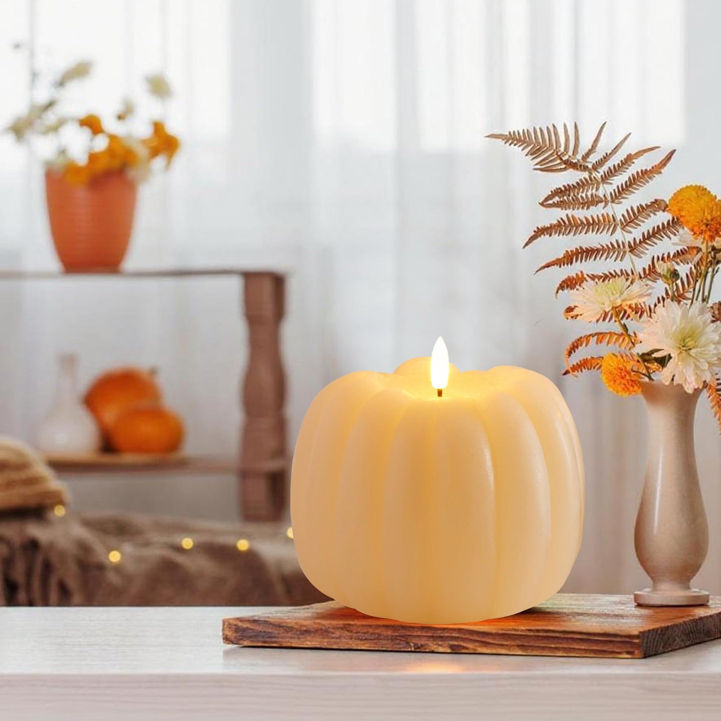 Velsyn Fall Decorations for Home, Flickering Flameless Wax Pumpkin LED Candle with Timer Remote Control, Thanksgiving Gifts, Autumn Farmhouse Rustic Harvest Decor for Tiered Tray Table Indoor (White)