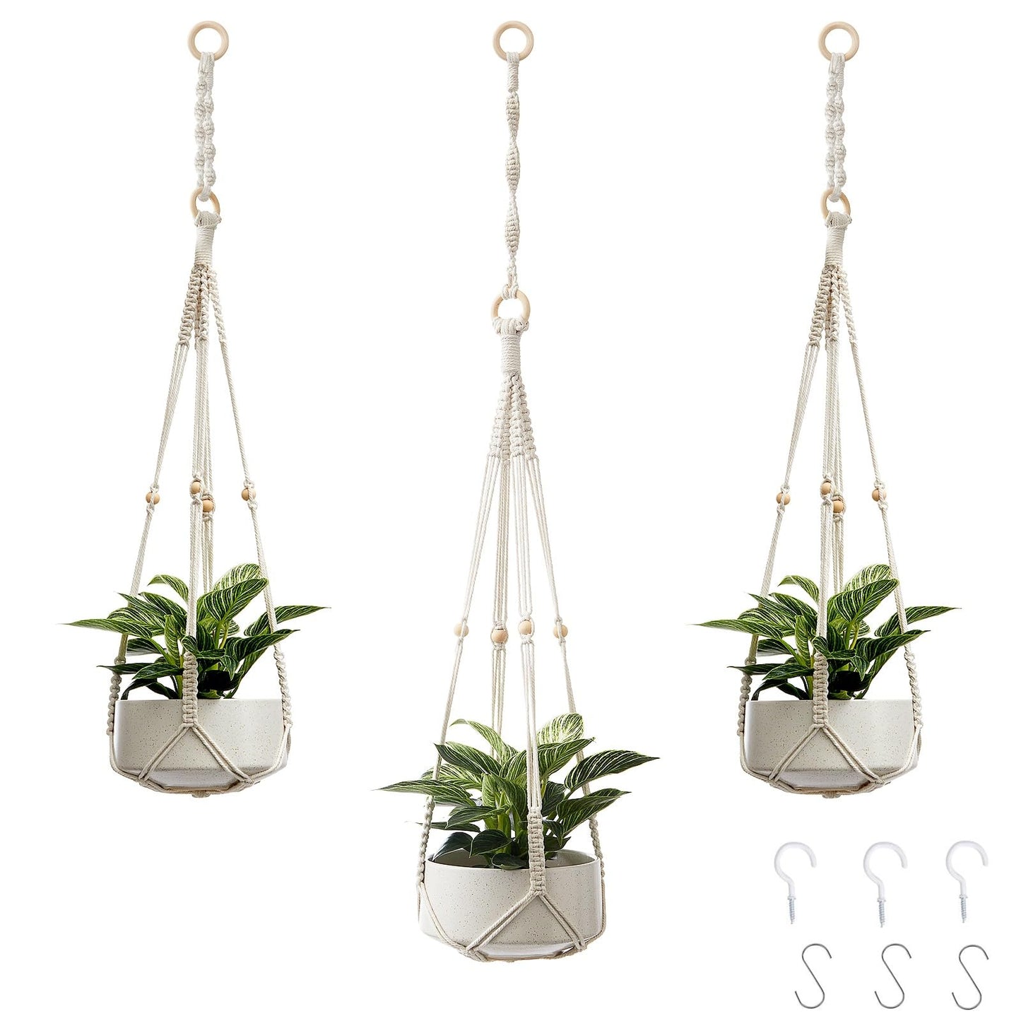 CADNLY Macrame Plant Hangers Indoor – Rope Hanging Plant Holder with Extender - Boho Hanging Planters Indoor - White Macrame Hanger Outdoor Flower Pot Holder from Ceiling Wall 3 Pack 6 Hooks