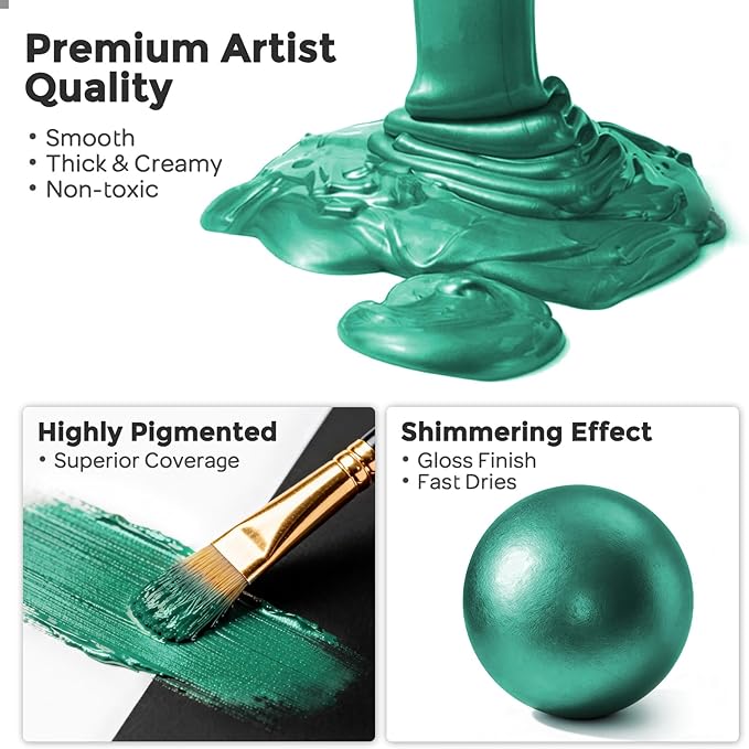 Nicpro Metallic Emerald Green Acrylic Paint, 8.45oz/250ml Large Pearlescent