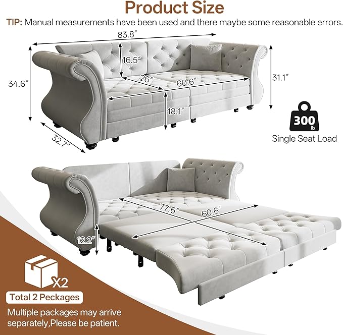 83.8" Oversized Pull Out Sofa Bed, Chesterfield Velvet Sleeper Sofa Couch