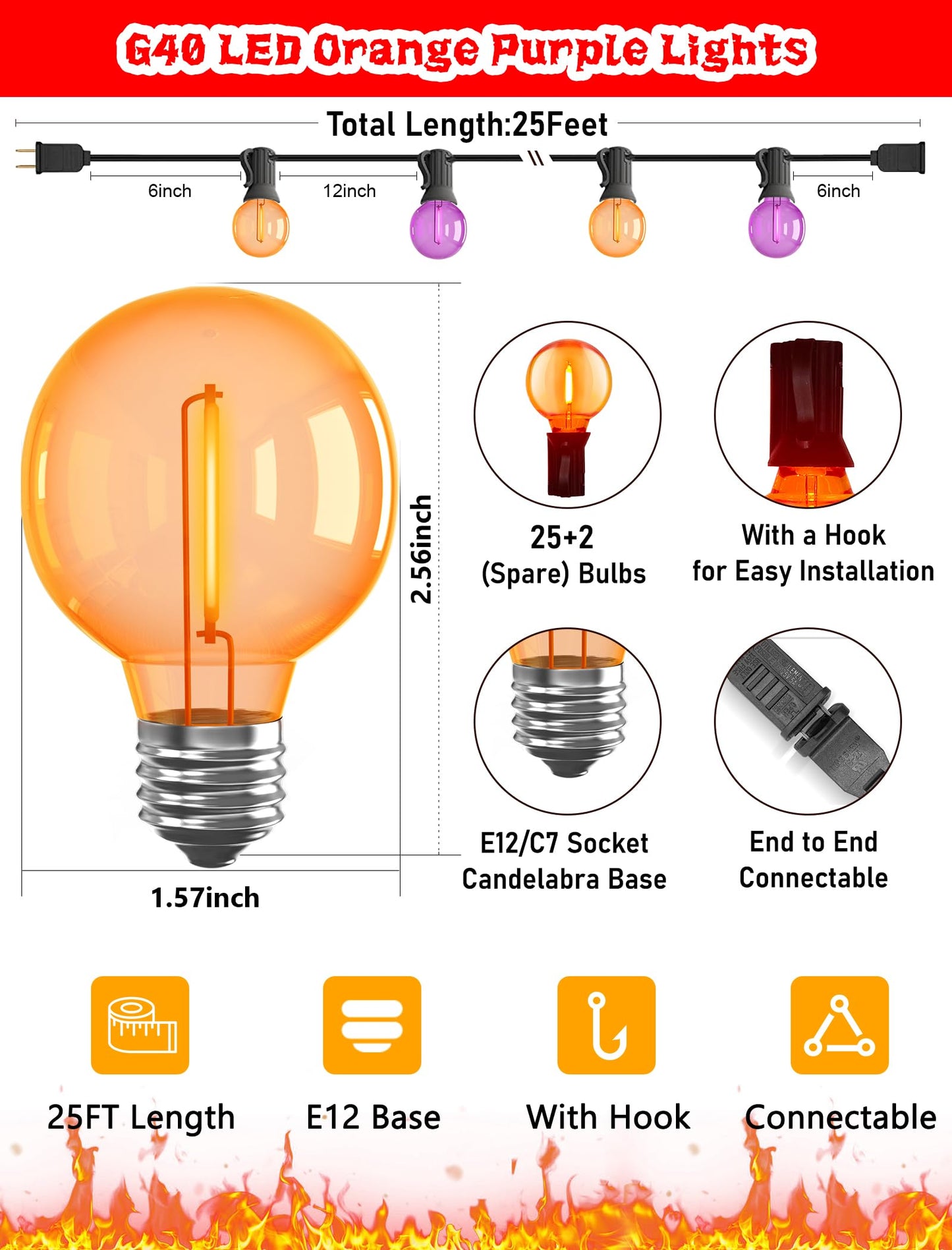 Abeja Halloween G40 LED String Light, Orange Purple Halloween Lights Outdoor with 27 LED Shatterproof Clear Lights Bulbs(2 Spare) for Patio Balcony Backyard Pergola Decor