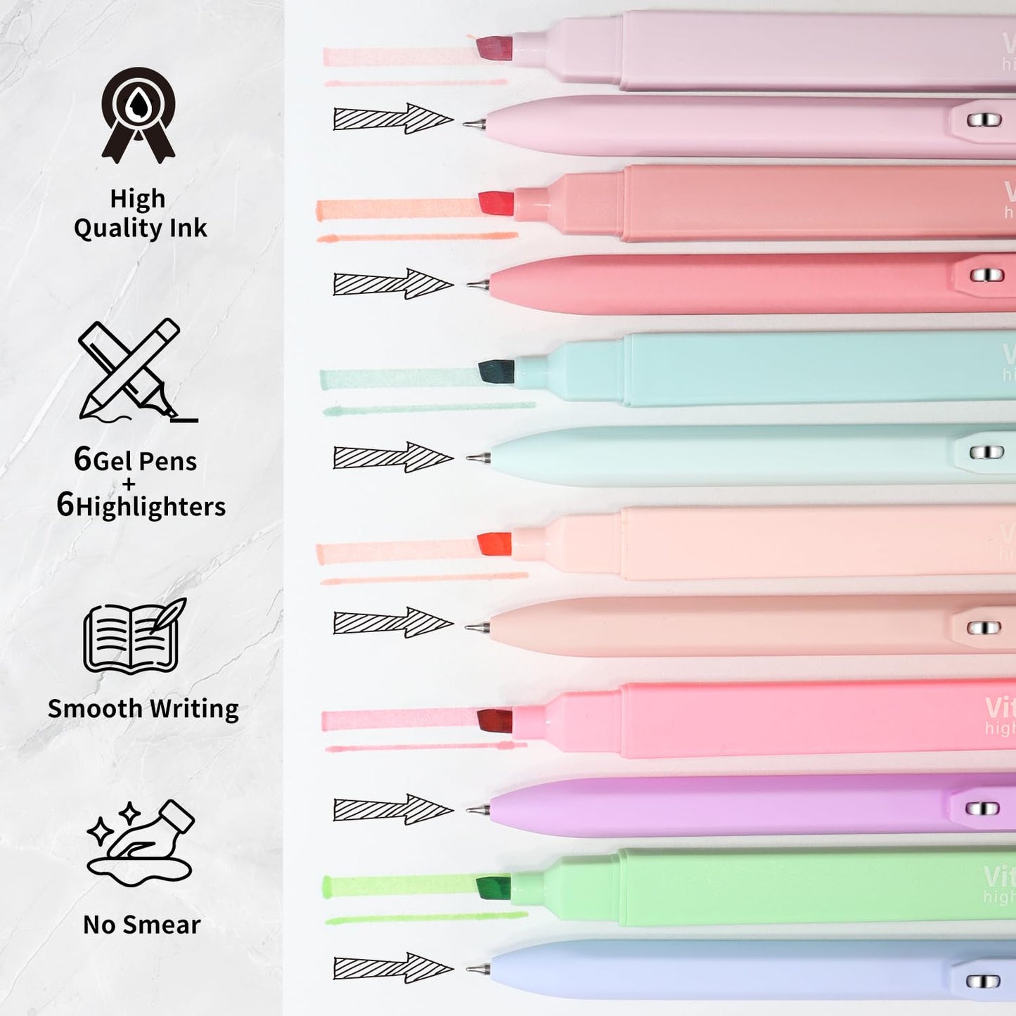 Piochoo Highlighters and Gel Pens,6Pcs Pastel Colors Bible Highlighters and 6Pcs Black Ink Pens for Journaling Planner Notes School Supplies
