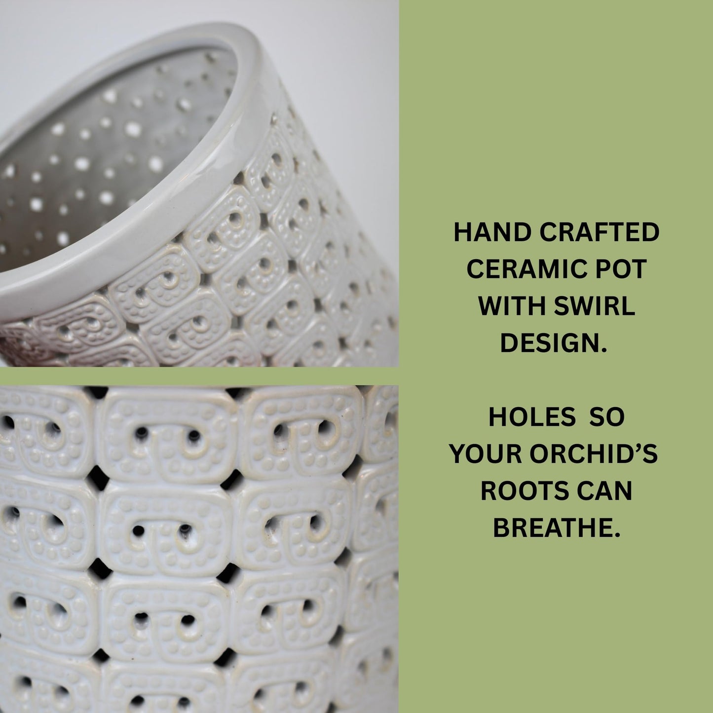 DESQUIGGLE White Ceramic Orchid Planter, 6 Inches Wide, Large Orchid Pots with Holes for Indoors Or Outdoors with Swirl Cut Out Pattern, Orchid Gifts